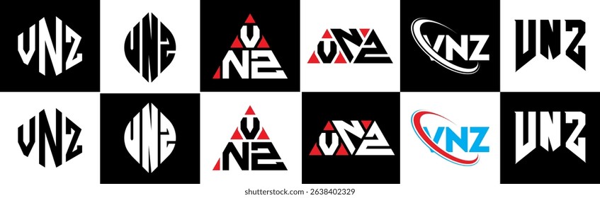 VNZ letter logo design in six style. VNZ polygon, circle, triangle, hexagon, flat and simple style with black and white color variation letter logo set in one artboard. VNZ minimalist and classic logo