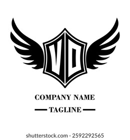 VO bold shield logo with wings, customizable with letters A to Z. Perfect for brands seeking a powerful symbol of strength, freedom, and ambition