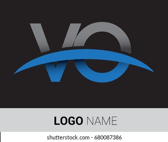 VO initial logo company name colored grey and blue swoosh design.