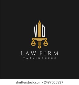 Monograma inicial de VO para el logotipo del bufete de abogados con espada y escala