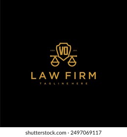 VO anfängliches Monogramm für Anwaltslogo mit Skalen und Schild Luxusbild