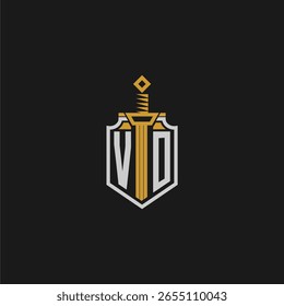 Monograma inicial de VO para imagem de estilo escudo e espada