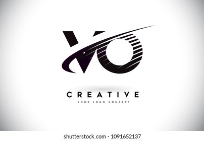 VO V O Letter Logo Design with Swoosh and Black Lines. Modern Creative zebra lines Letters Vector Logo