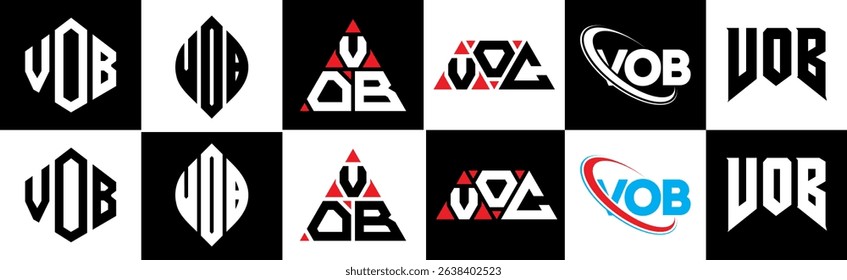 VOB letter logo design in six style. VOB polygon, circle, triangle, hexagon, flat and simple style with black and white color variation letter logo set in one artboard. VOB minimalist and classic logo