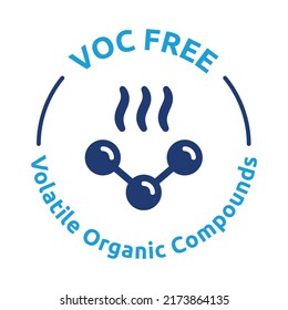 VOC free icon vector label. Volatile organic compounds with chemical molecule and smoke symbol.