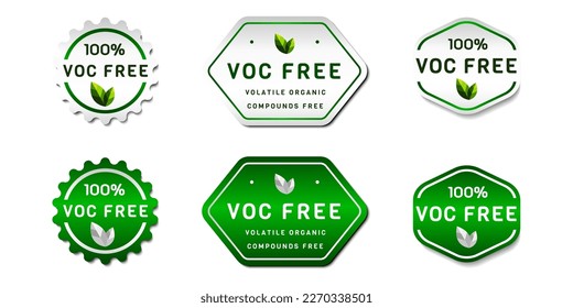 Etiqueta libre de VOC. Abreviado libre de compuestos orgánicos volátiles. Con icono de hoja. En los colores verde degradado y blanco. Diseño de ilustraciones vectoriales premium y de lujo