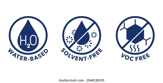 VOC free, Solvent free and Water based flat icons set for labeling of cleaning agent or other household chemicals svg
