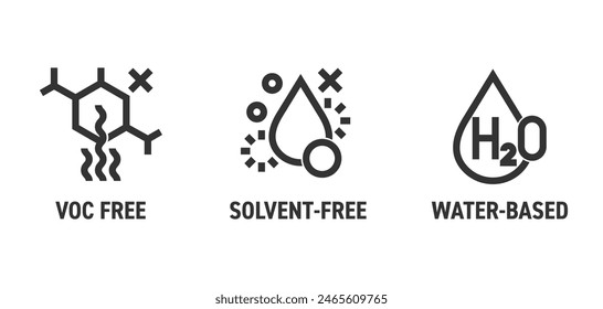 VOC free, Solvent free, Water-based - bold icons set for labeling of cleaning agent or other household chemicals