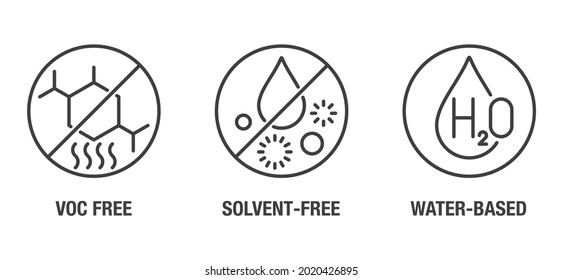VOC free, Solvent free, Water-based flat icons set for labeling of cleaning agent or other household chemicals svg