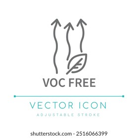 VOC free vetor line icon destaca produtos ecológicos, não tóxicos com zero compostos orgânicos voláteis, promovendo o ar limpo, sustentabilidade e escolhas de saúde consciente para ambientes mais seguros.