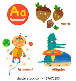 A vocabulary cartoon set with astronaut, alligator and acorn isolated on white background, illustration, vector