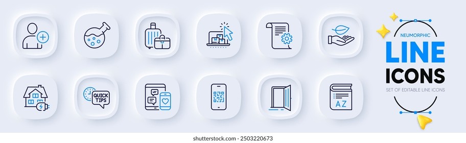 Vocabulario, laboratorio de química e iconos de línea de documentación técnica para App de Web. Paquete de consejos rápidos, agregar usuario, iconos de pictogramas de código Qr. Equipaje, carga en casa, señales de redes sociales. Hoja. Vector