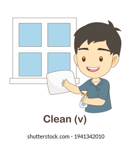 Vocabulary Flash Card for kids. clean with picture of clean (Vocabulary for CEFR : A1-A2 Level)