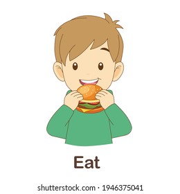 Tarjeta Vocabularia Flash para niños. Comer con una foto de comer (Vocabulario para CEFR: Nivel A1-A2)