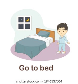 Tarjeta Vocabularia Flash para niños. ir a la cama con foto ir a la cama (Vocabulario para CEFR: Nivel A1-A2)