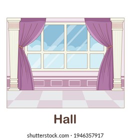 Vocabulary Flash Card for kids. hall with picture of hall (Vocabulary for CEFR : A1-A2 Level)