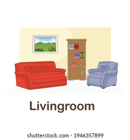 Vocabulary Flash Card for kids. livingroom with picture of livingroom (Vocabulary for CEFR : A1-A2 Level)