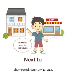 Vocabulary Flash Card for kids. Next to with picture of next to (Vocabulary for CEFR : A1-A2 Level)