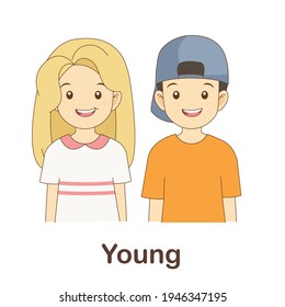 Vocabulary Flash Card for kids. young with picture of young (Vocabulary for CEFR : A1-A2 Level)