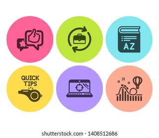 Vocabulary, Human resources and Tutorials icons simple set. Seo laptop, Like and Roller coaster signs. Book, Job recruitment. Business set. Flat vocabulary icon. Circle button. Vector
