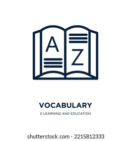 icono del vocabulario de la colección e learning and education. El vocabulario lineal delgado, la educación, el icono del contorno del diccionario aislado en el fondo blanco. Signo de vocabulario vectorial de línea, símbolo para web y 