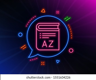 Vocabulary line icon. Neon laser lights. Book glossary sign. Glow laser speech bubble. Neon lights chat bubble. Banner badge with vocabulary icon. Vector