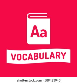 Vocabulary. Ribbon With Book Icon. Flat Vector Illustration On Red Background.