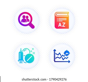 Vocabulary, Search employees and Medical drugs icons simple set. Button with halftone dots. Seo analysis sign. Book, Staff analysis, Medicine pills. Targeting chart. Science set. Vector