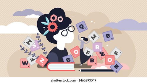 Vocabulary vector illustration. Flat tiny words knowledge persons concept. Familiar language development and learning for communication skills. Teacher practice acquiring an extensive literature text.