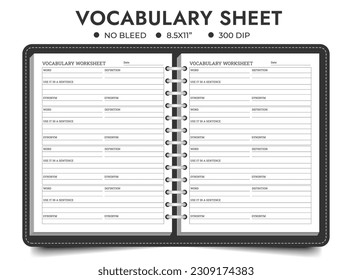 Vocabulary workbook sheet templates kdp interior	