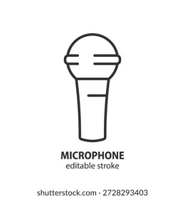Icono de línea de micrófono dinámico vocal. Ilustración simple para grabación de sonido o actuación en vivo. Símbolo de contorno de Vector para música, emisión o podcast. Trazo editable.