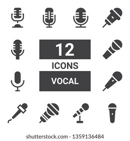 vocal icon set. Collection of 12 filled vocal icons included Mic, Microphone, Karaoke