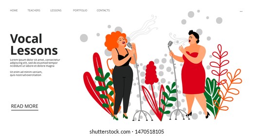 Vocal lessons landing page. Vector singing school web page template. Musicians, singers illustration. Music vocal school, performance musical sing