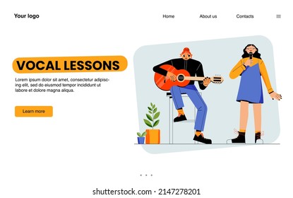 Banner web de lecciones vocales. Página de inicio de la escuela de música o cursos vocales en línea con personajes femeninos cantando con micrófono y profesora tocando guitarra, arte de línea ilustración vectorial plana