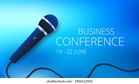 Vocal Microphone isolated on bright blue background. Business Conference or karaoke party poster design with mic. Vector illustration