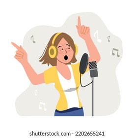 Niña vocalista con audífonos cantando en el micrófono en estudio de sonido, grabando canción. Ilustración vectorial para el trabajo de cantante, grabación de voz, concepto musical.