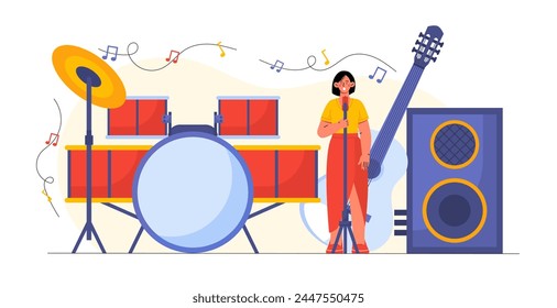 Vocalist woman concept. Young girl with microphone and musical instruments. Drums and guitars. Talented artist perform at scene. Cartoon flat vector illustration isolated on white background