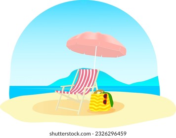 Vocation in beach with chair and  umbrella.bag with  towel