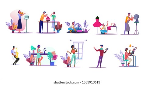 Vocation illustration set. People playing violin, sewing, gardening, cooking cake. Creativity concept. Vector illustration for topics like hobby, occupation, lifestyle