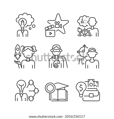 Vocation linear icons set. Professional and educational abilities. Networking, entrepreneurship talent. Customizable thin line contour symbols. Isolated vector outline illustrations. Editable stroke