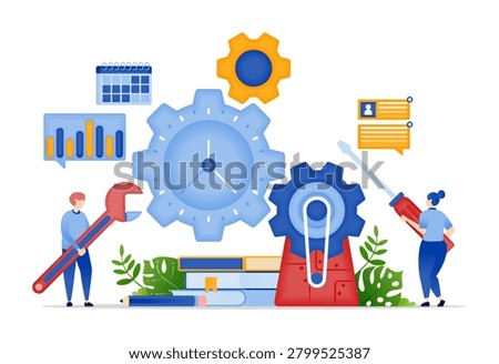 Vocational education concept, flat illustration vector design of people carrying gears and mechanical tools repairing and maintaining cogwheels