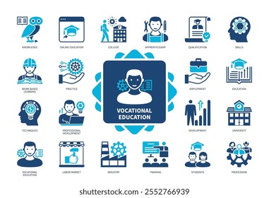 Symbolsatz für die Berufsbildung. Lehre, Qualifikationen, Ausbildung, Hochschule, Universität, Techniken, Qualifikation, Praxis. Duotonfarben-Volltonsymbole