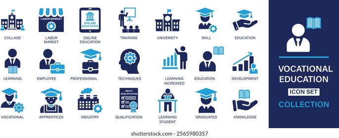 Vocational Education icon set. collage, labor market, online education, training, university, skill, education, learning, employee, professional, techniques. And solid icon set collection.