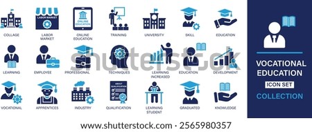 Vocational Education icon set. collage, labor market, online education, training, university, skill, education, learning, employee, professional, techniques. And solid icon set collection.