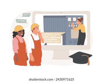 Vocational education isolated concept vector illustration. Professional learning, online vocational technical education, work on automatic lathe, repair machines, student group vector concept.