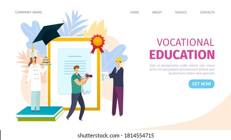 Vocational education training concept of learning, landing page, vector illustration. Business training and advanced training. Vocational school or trade school web site. Vocation college proffesion.