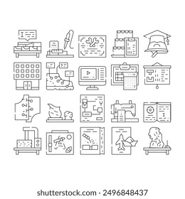 Vocational School Collection Icons Set Vector. Brickwork And Pottery, Cooking And Design Video Courses, Diploma Of Vocational School Black Contour Illustrations