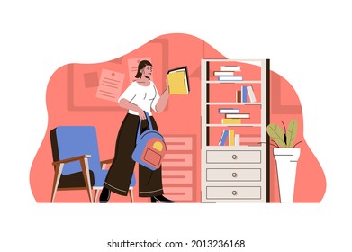 Vocational school concept. Student studies, rushes to classes, gets professional skills situation. Education people scene. Vector illustration with flat character design for website and mobile site