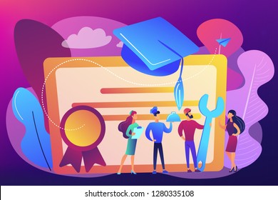Vocational specialists graduating and diploma with graduation cap. Vocational education, professional learning, online vocational education concept. Bright vibrant violet vector isolated illustration