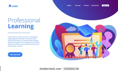 Vocational specialists graduating and diploma with graduation cap. Vocational education, professional learning, online vocational education concept. Website vibrant violet landing web page template.